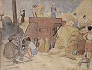 Parní Mlátička, 1930 ( kresba tužkou kolor. akvarelem/  papír, 32 x 42 cm, pasparta, sklo, rám,vpravo dole razítko sbírky Dr. Čeřovského)